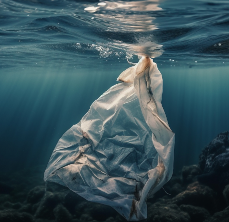 Sac plastique flottant sous l’eau dans l’océan, symbole de la pollution marine