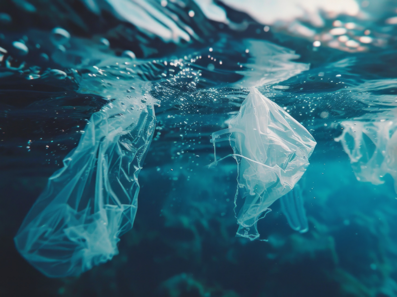 Sacs plastiques flottant sous l’eau, illustrant la pollution des océans