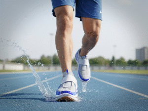 Coureur portant des chaussures de sport bleues et grises sur une piste d’athlétisme avec des éclaboussures d’eau